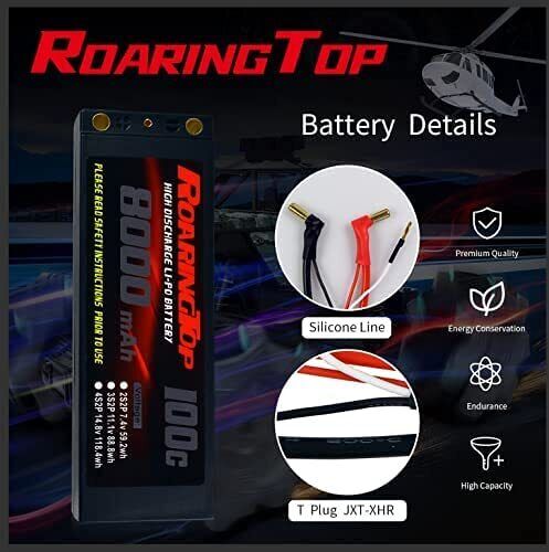 ROARINGTOP 2S Lipo Battery 7.4V 100C 8000mAh Lipo Hardcase Battery with Deans