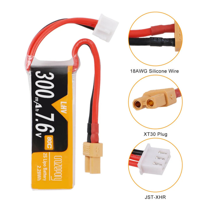 Crazepony 2S 300mAh Lipo Battery 80/160C HV 7.6V with XT30 Plug for Mobula7